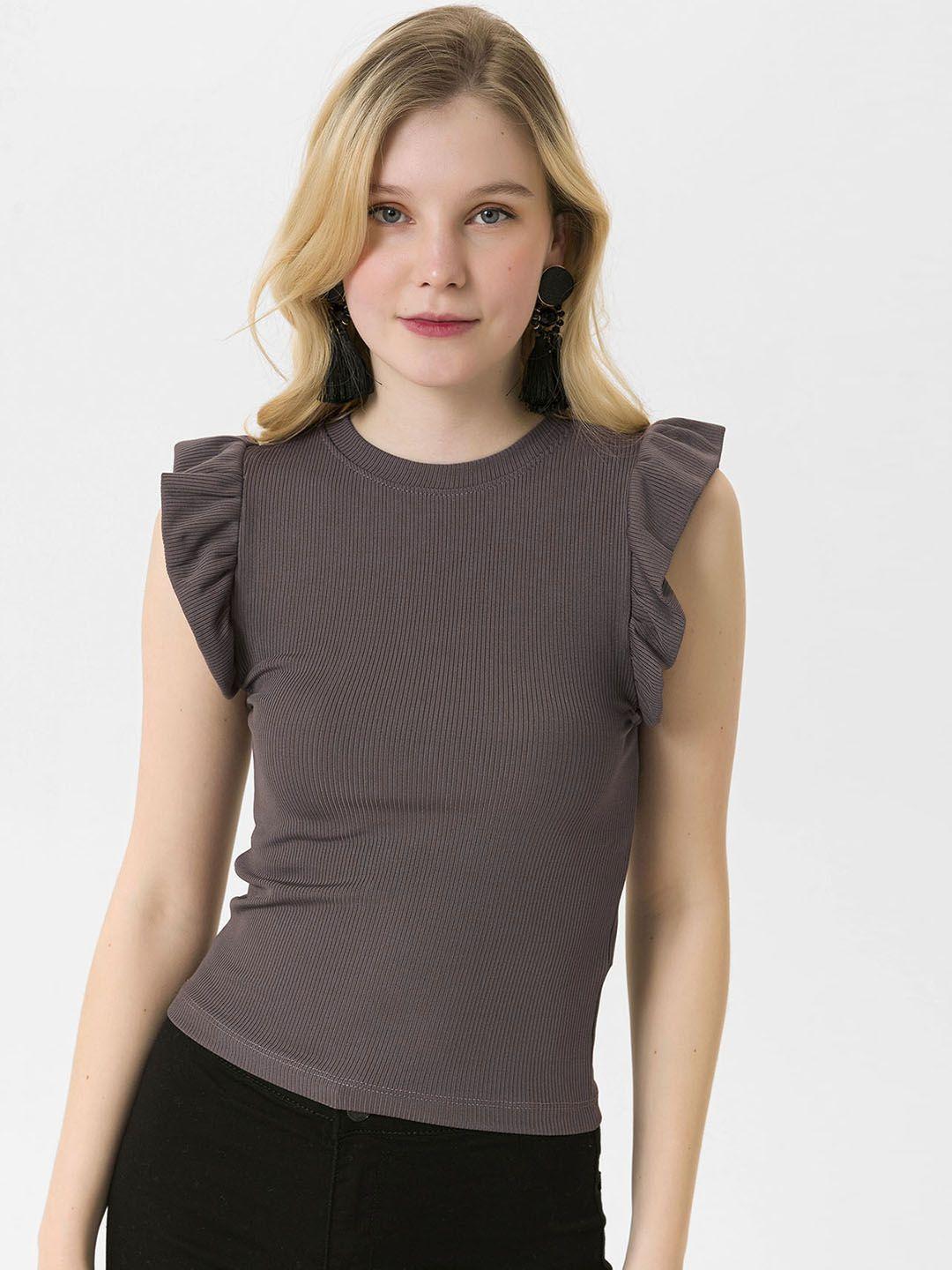 busem brown pure cotton solid ribbed top