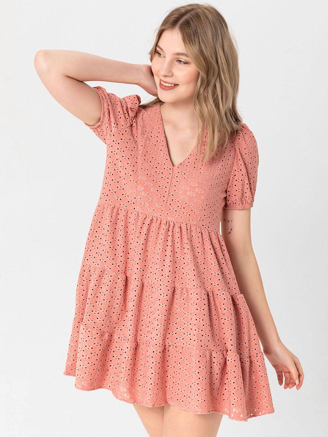 busem dusty pink schiffli tiered a-line mini dress