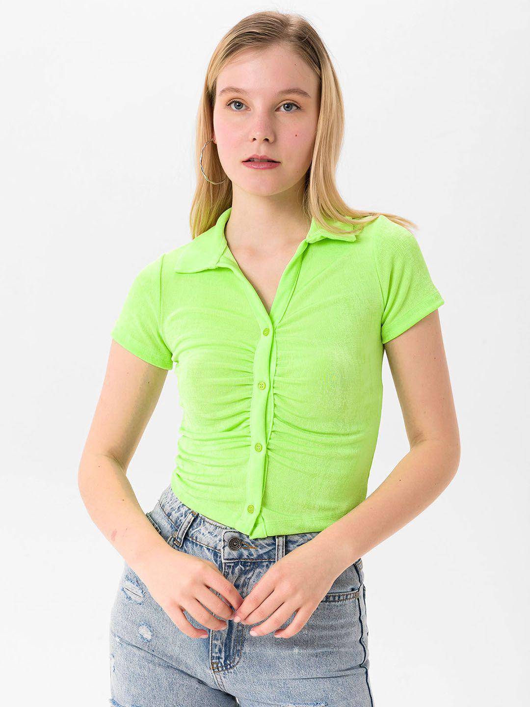 busem fluorescent green ruched cropped fitted  top