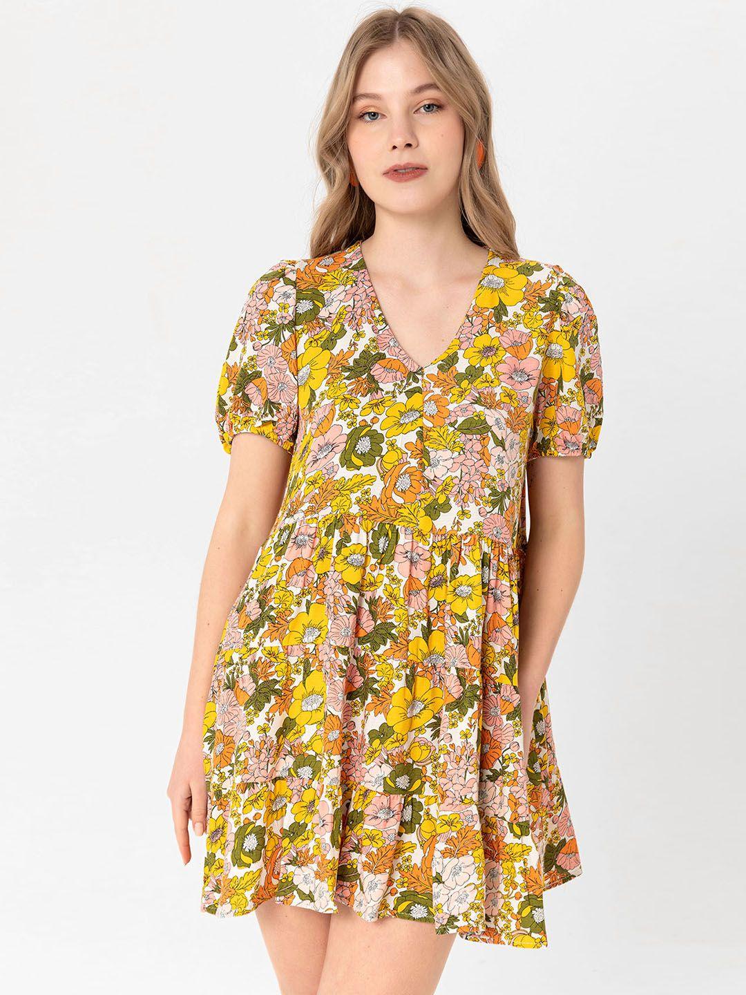 busem green & off white floral a-line dress