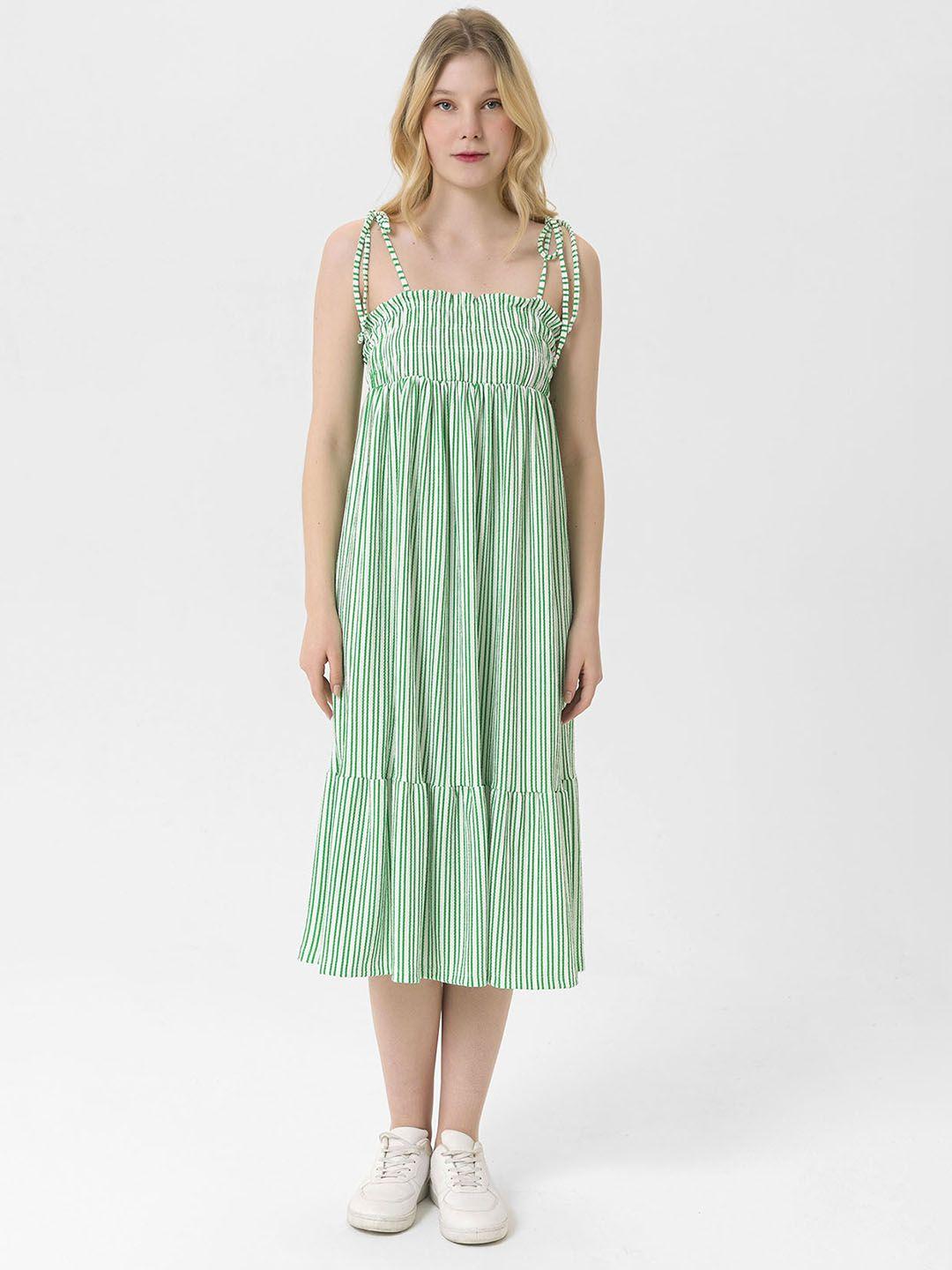 busem green & white striped tie-up neck a-line midi dress