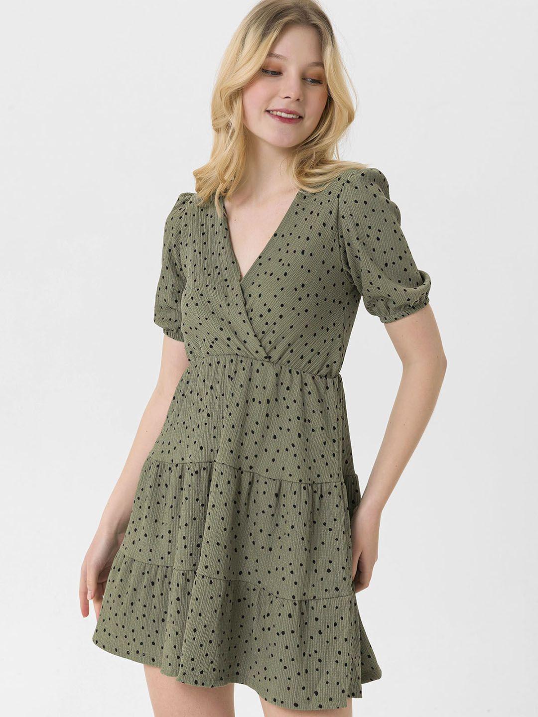 busem olive green & black polka dot tiered wrap dress