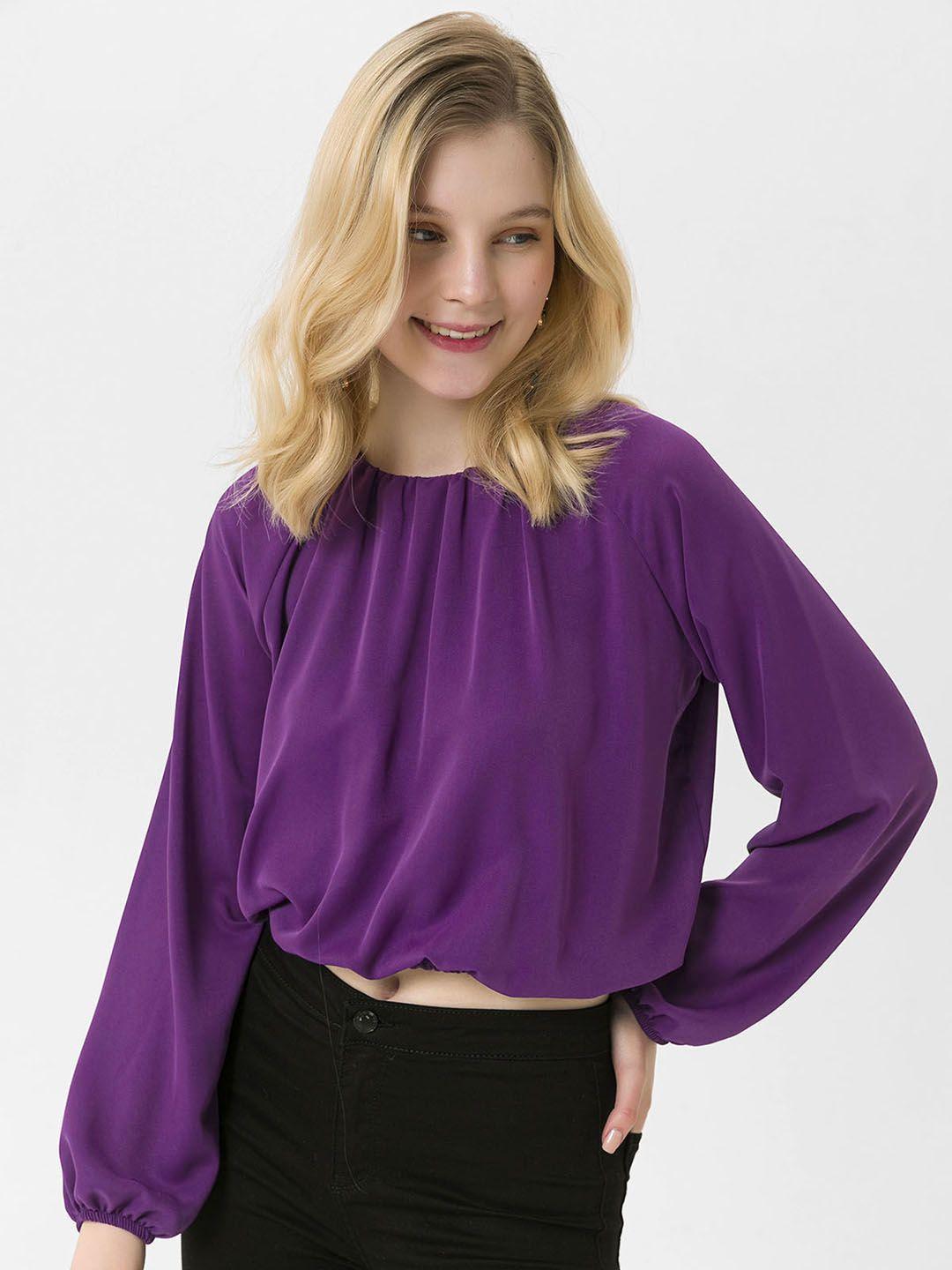 busem purple solid blouson crop top