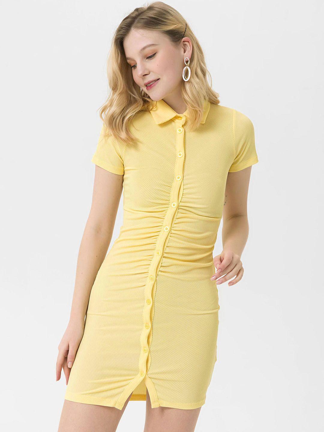 busem yellow bodycon shirt collar ruched ribbed mini dress