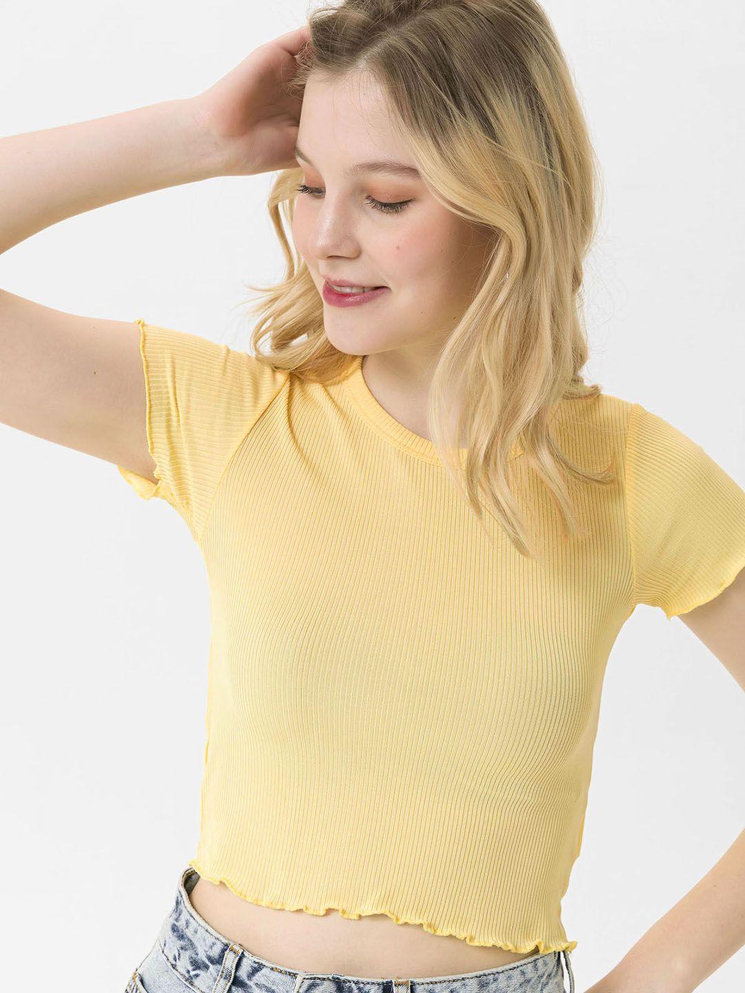 busem yellow ribbed cropped fitted  top