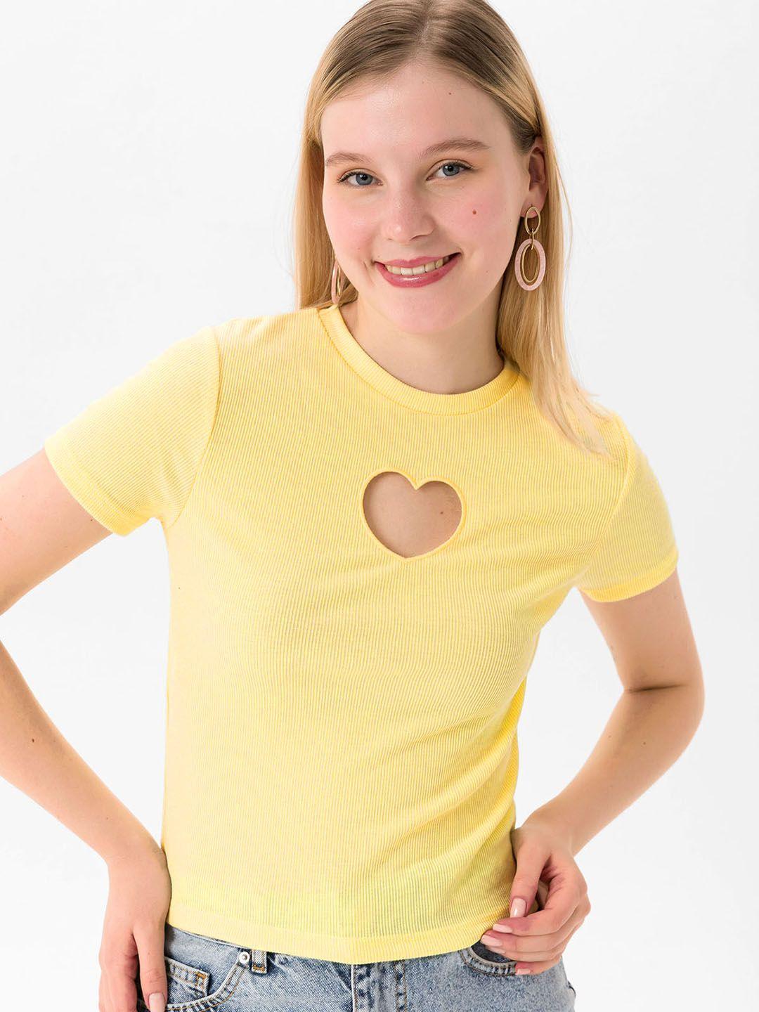 busem yellow ribbed top with cut out detail