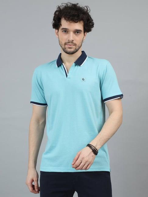 bushirt aqua blue regular fit self design cotton polo t-shirt