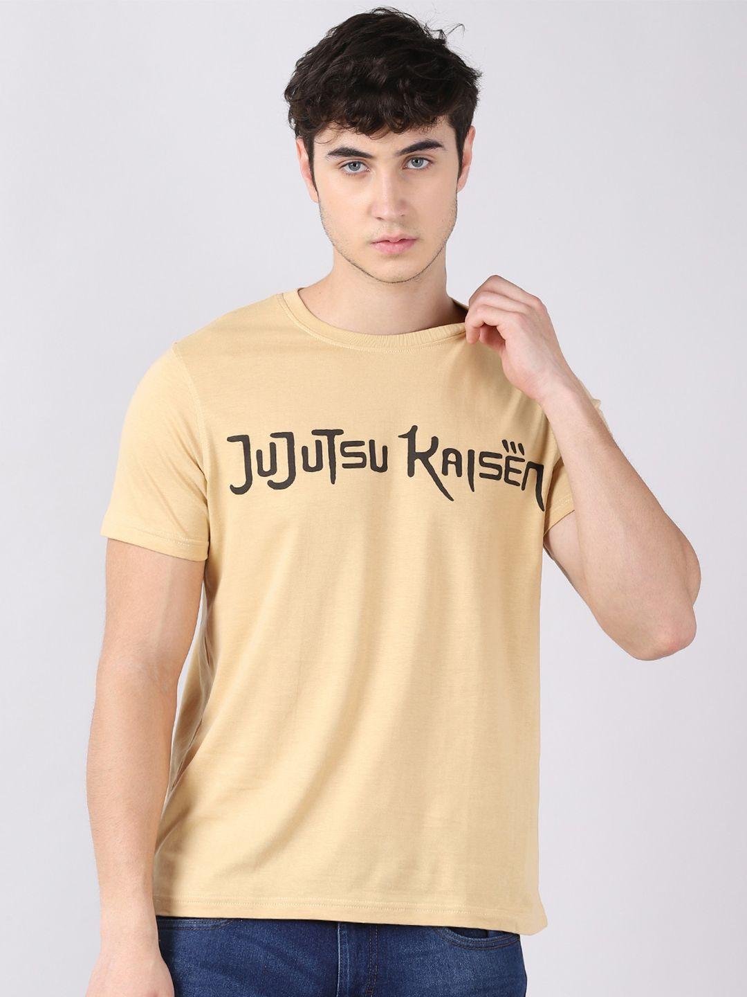 bushirt men beige & bellini typography jujutsu kaisen title printed pockets t-shirt