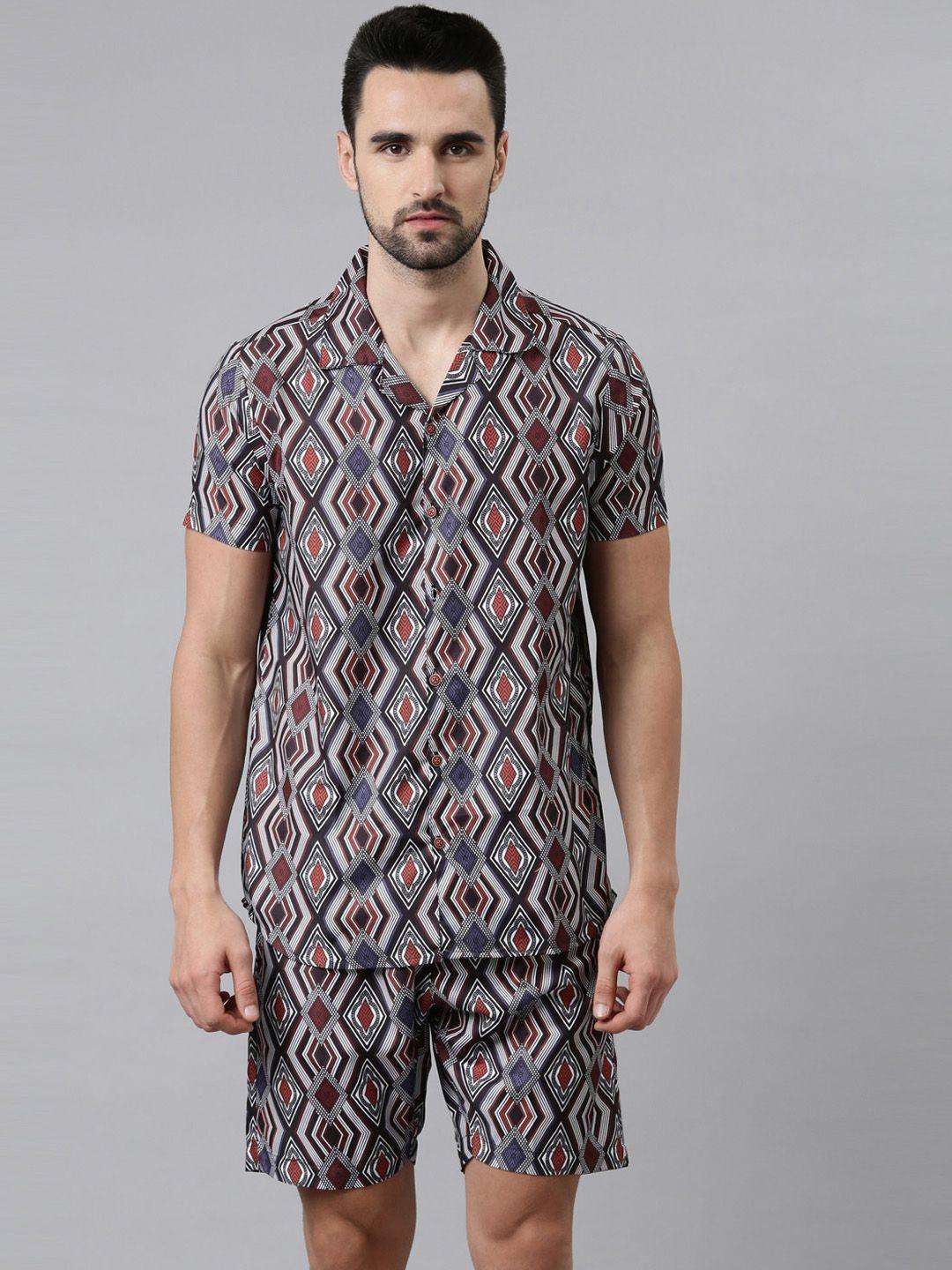 bushirt men black & maroon printed night suit