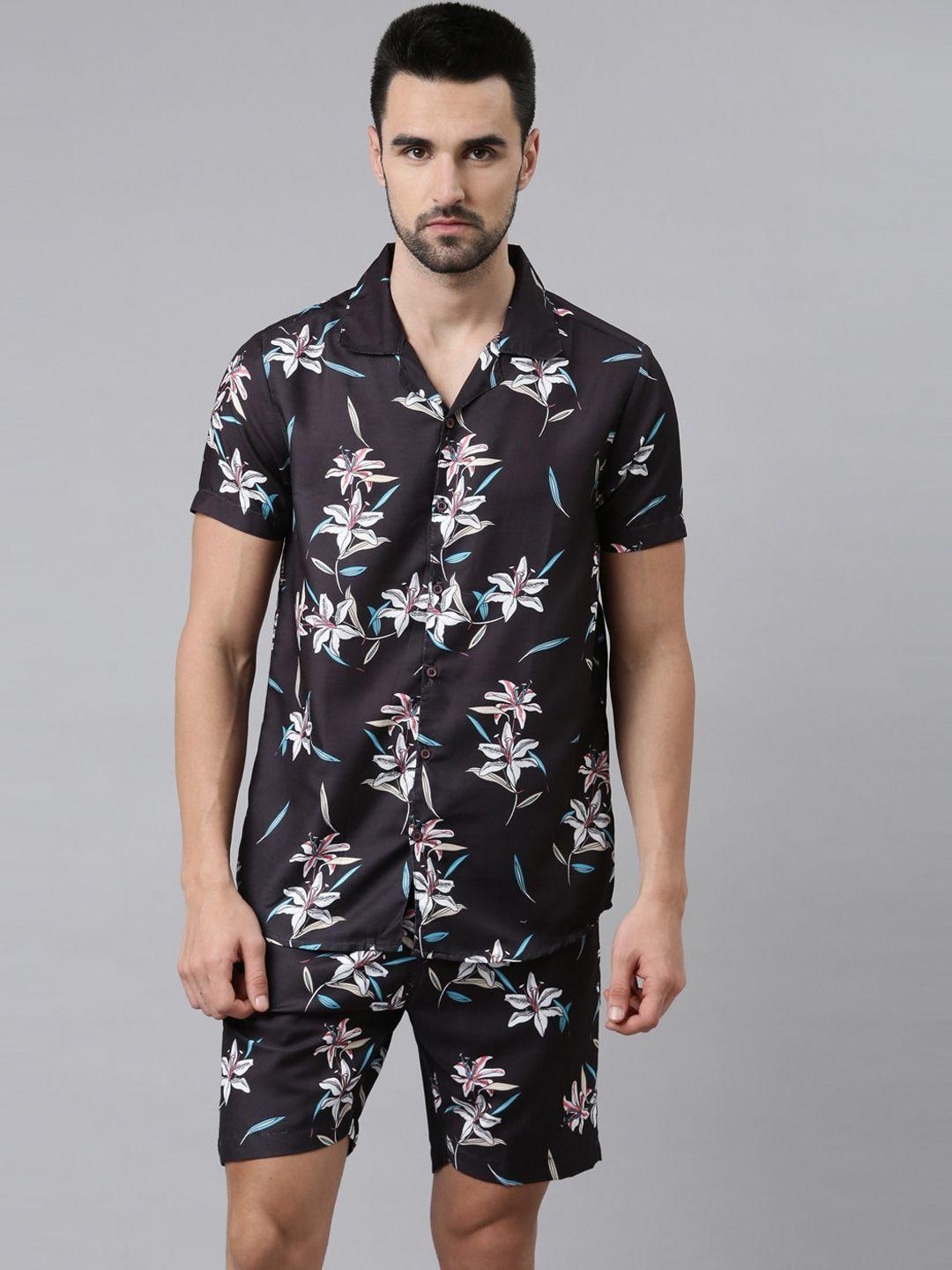 bushirt men black & pink printed night suit