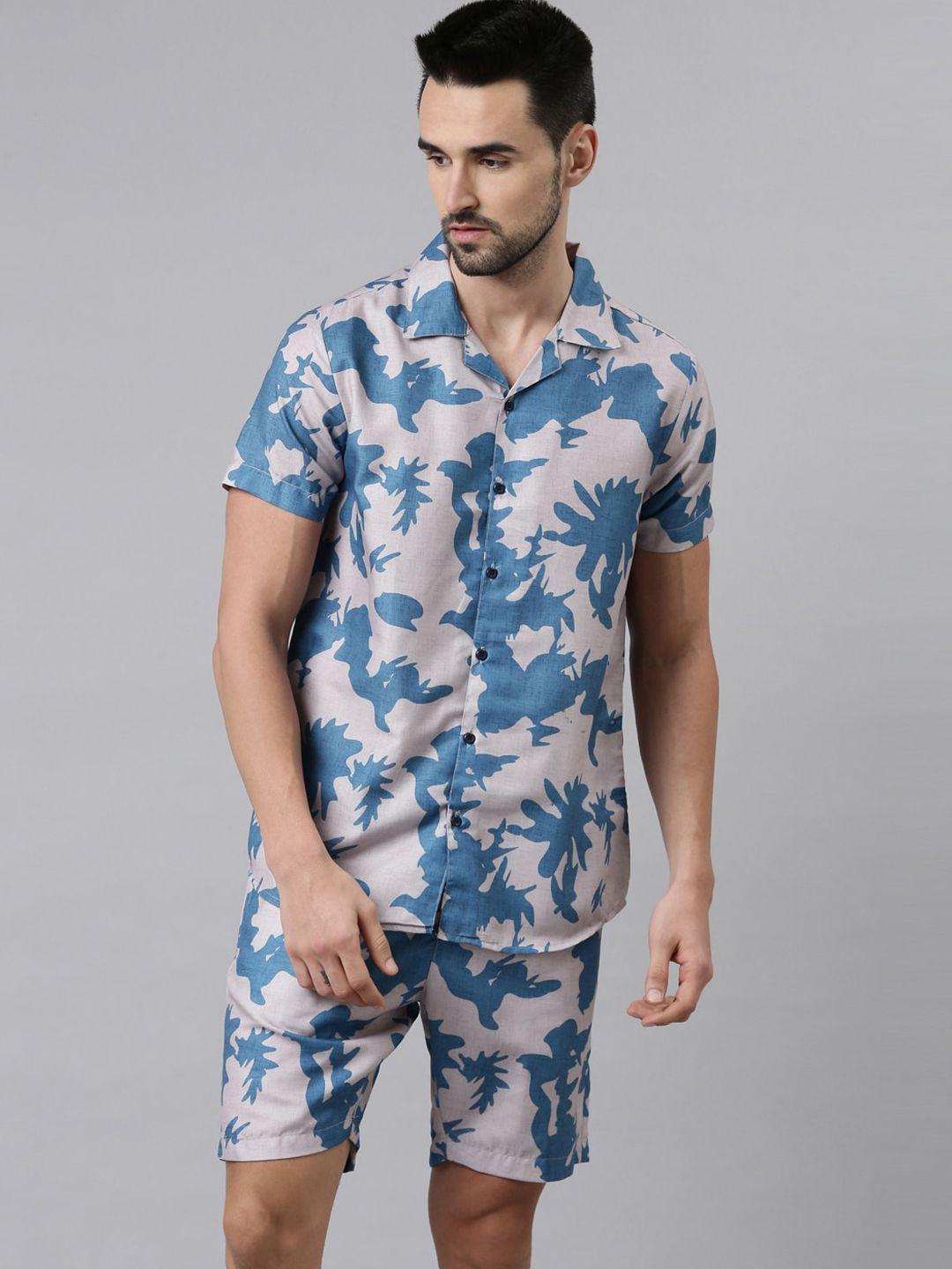 bushirt men blue & cream-coloured printed night suit