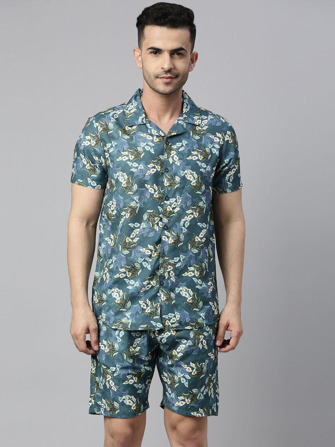 bushirt men blue & green printed night suit