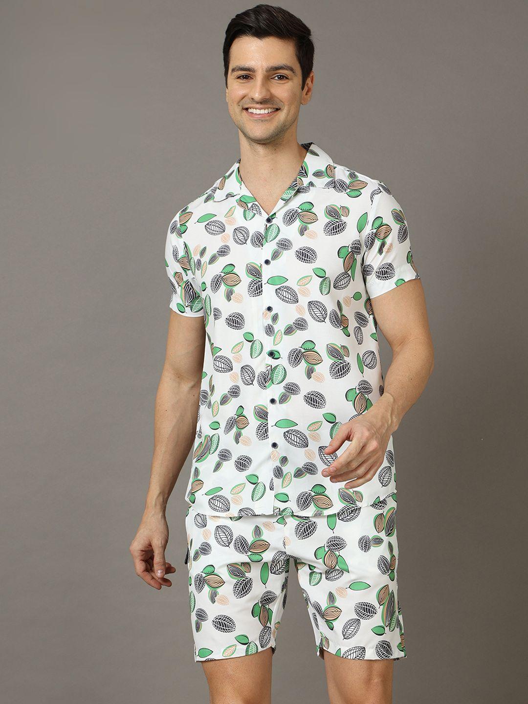 bushirt men cream-coloured & green printed nightsuit