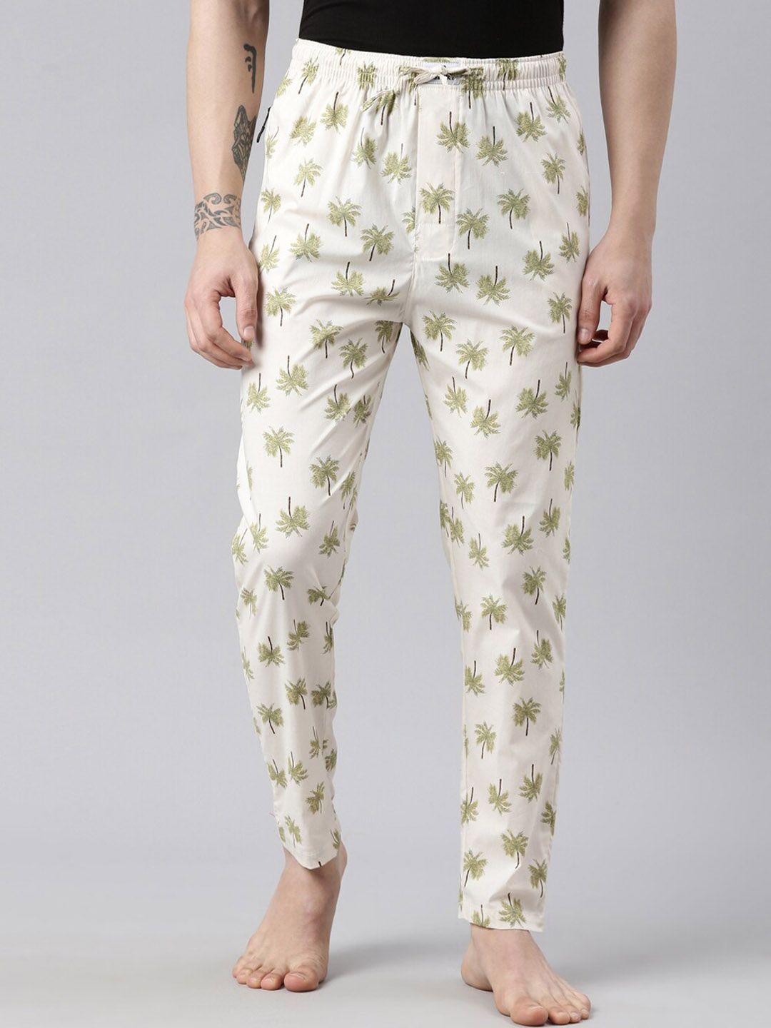 bushirt men cream-coloured & green printed pure cotton drawstring lounge pants