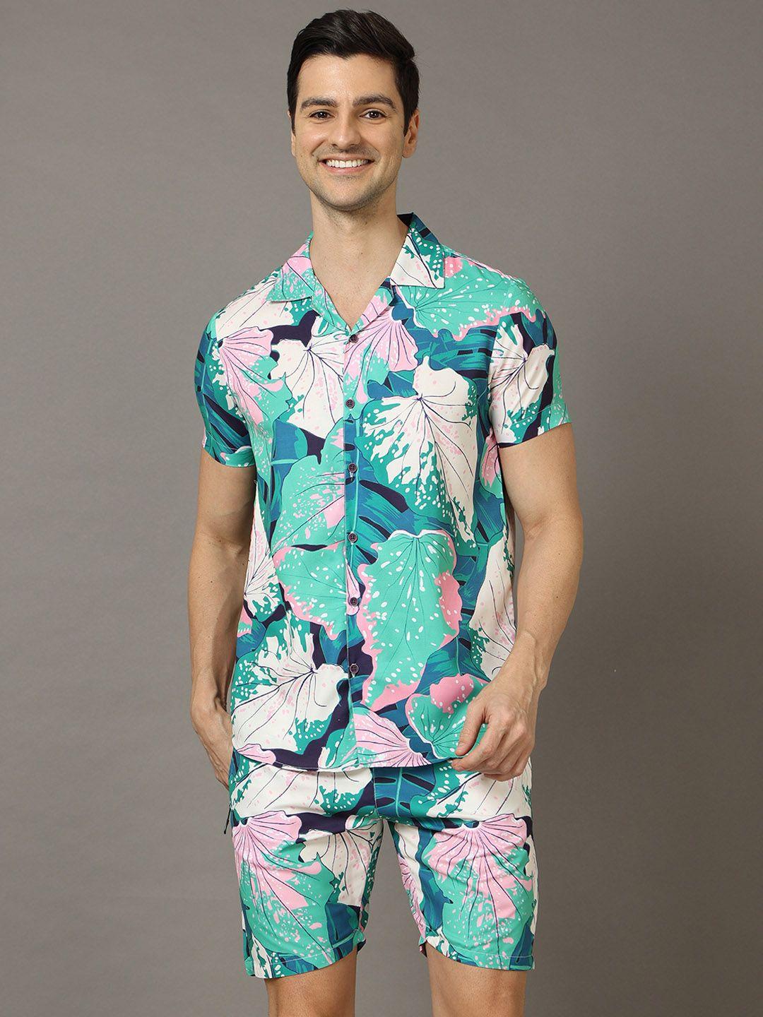 bushirt men green & pink printed nightsuit