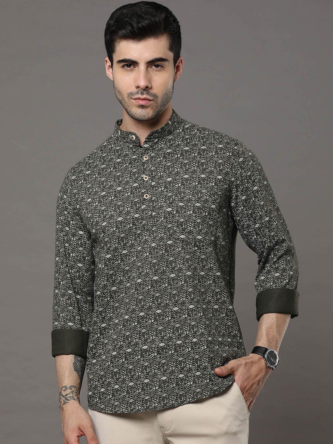 bushirt men green printed thread work pastels kurta