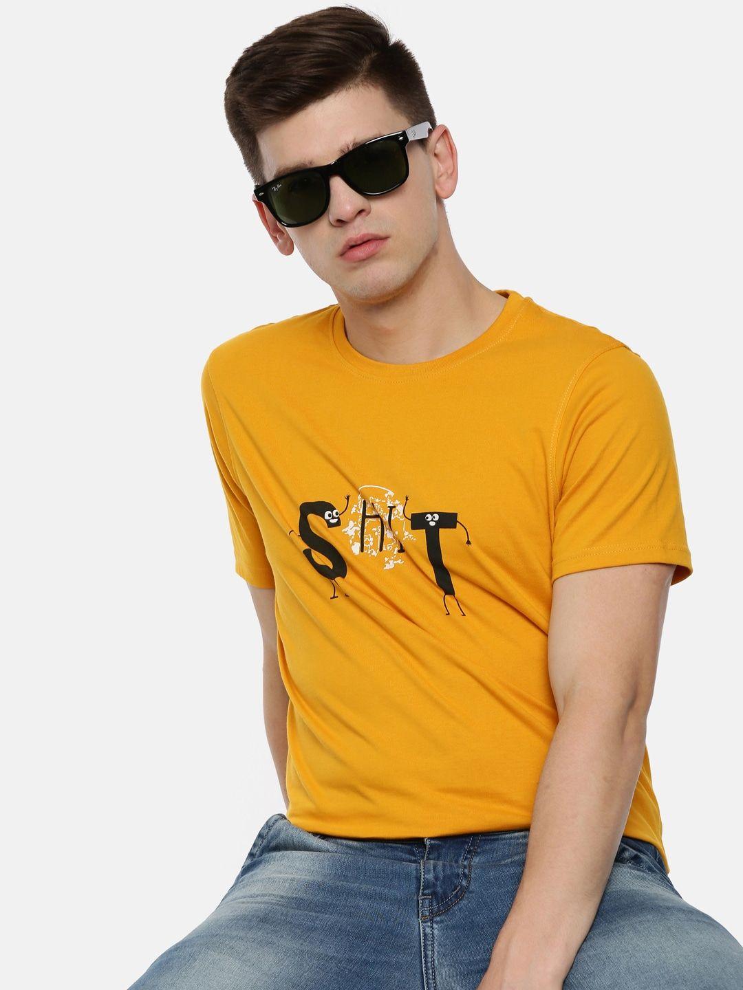 bushirt men mustard yellow & black printed detail round neck t-shirt
