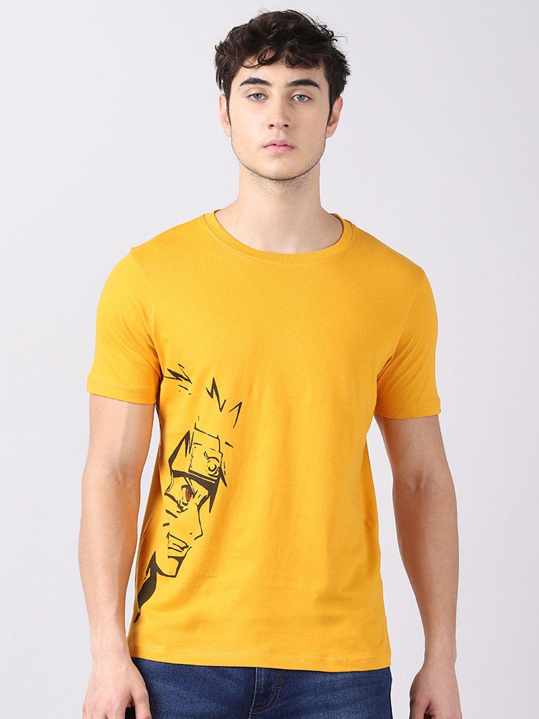 bushirt men mustard yellow naruto uzumaki shippuden printed t-shirt