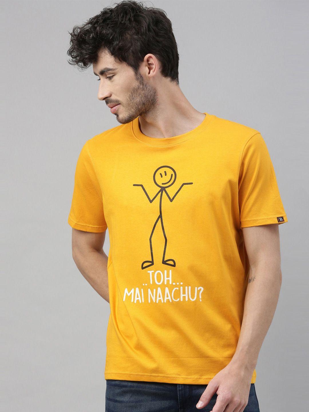 bushirt men mustard yellow printed round neck cotton pure cotton t-shirt