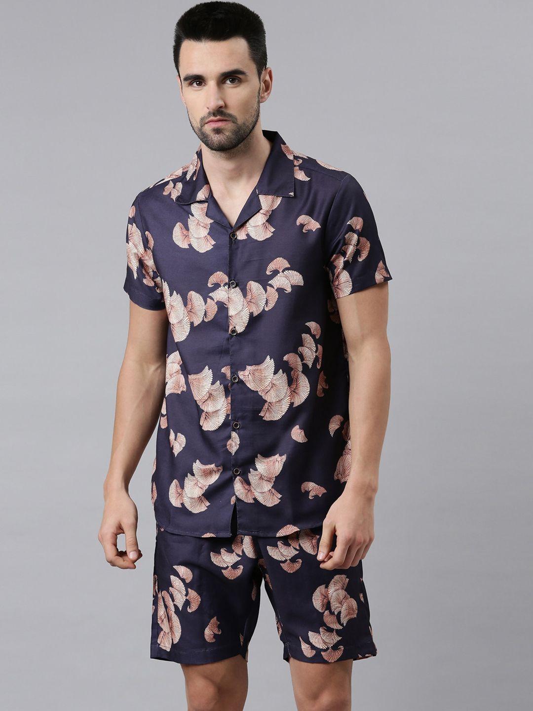 bushirt men navy blue & pink printed night suit