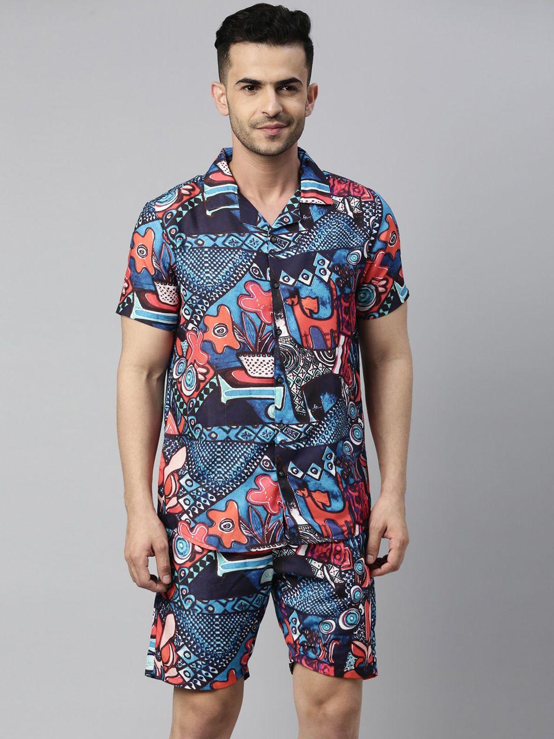 bushirt men navy blue & red printed night suit