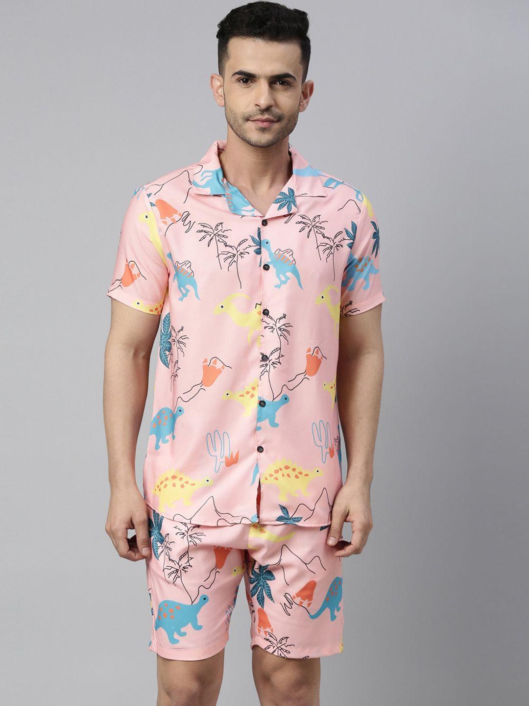 bushirt men peach-coloured & blue printed pure cotton night suit