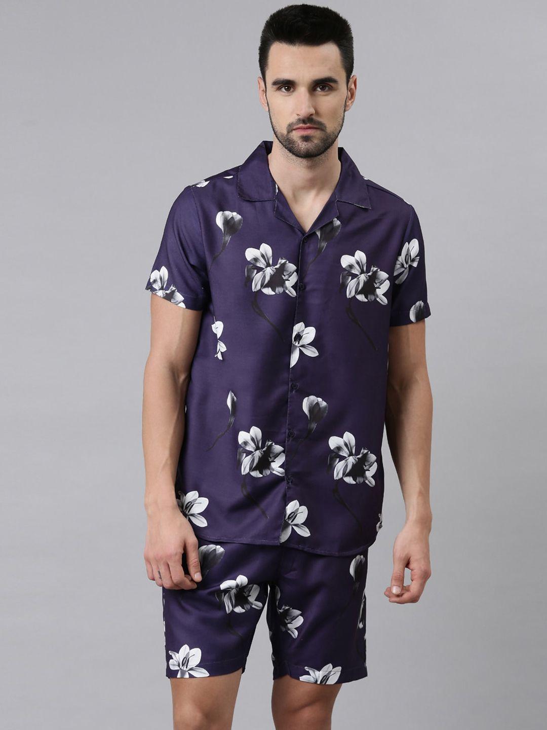 bushirt men purple & off white printed night suit