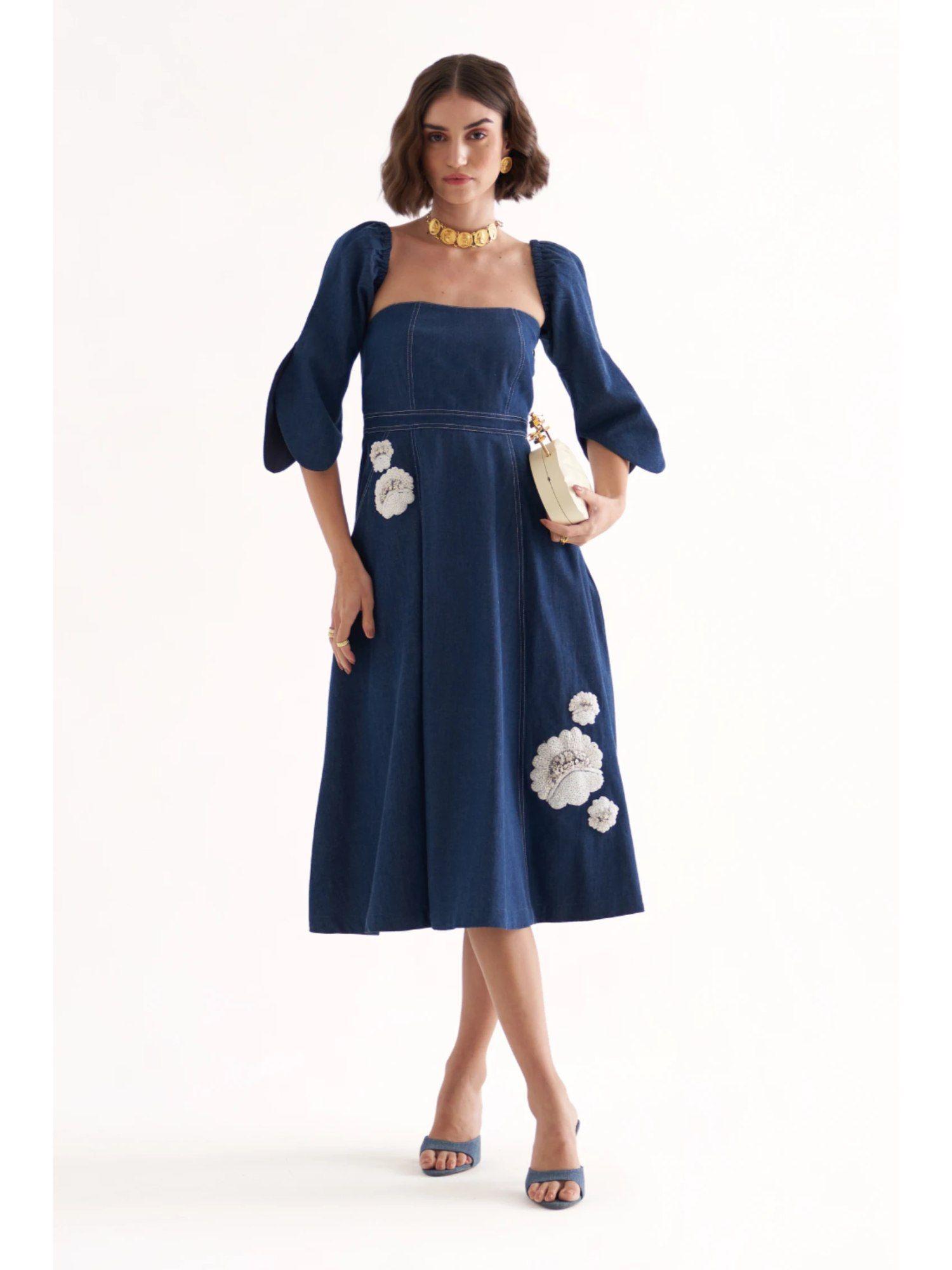 bussing denim tube embroidered midi dress with detachable sleeves