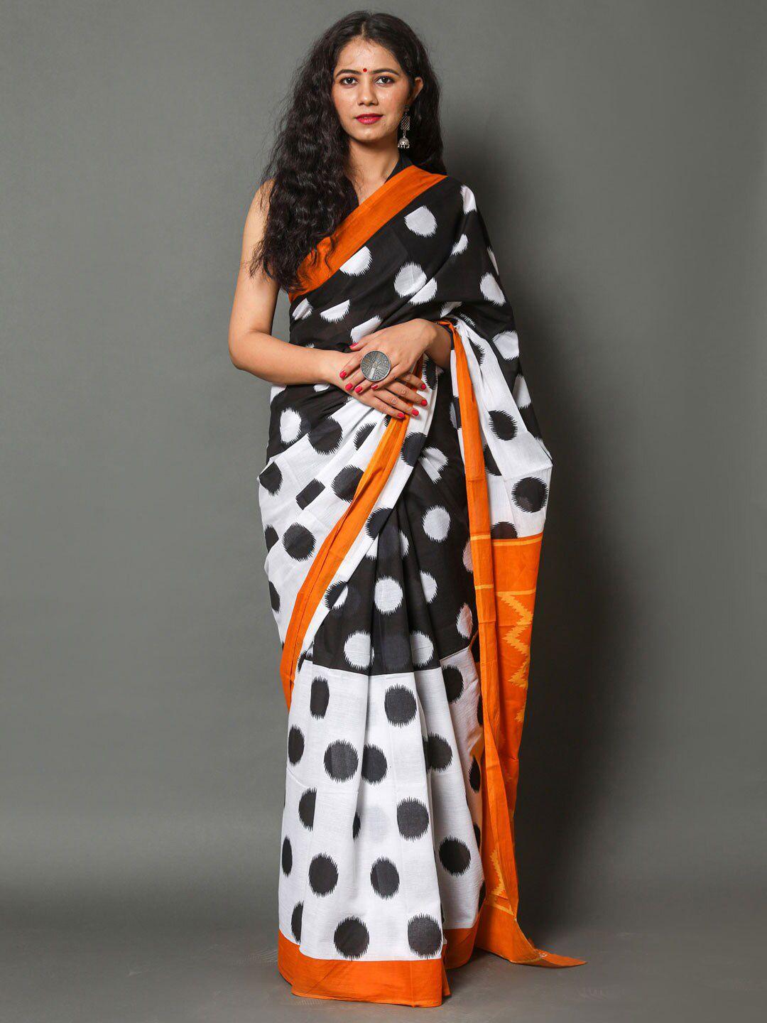 buta buti black & white geometric printed pure cotton saree