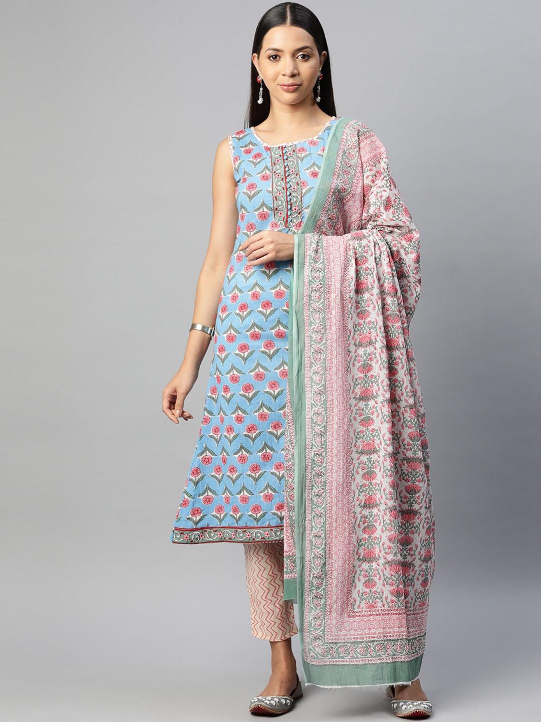 buta buti floral printed round neck pure cotton straight kurta with trousers & dupatta