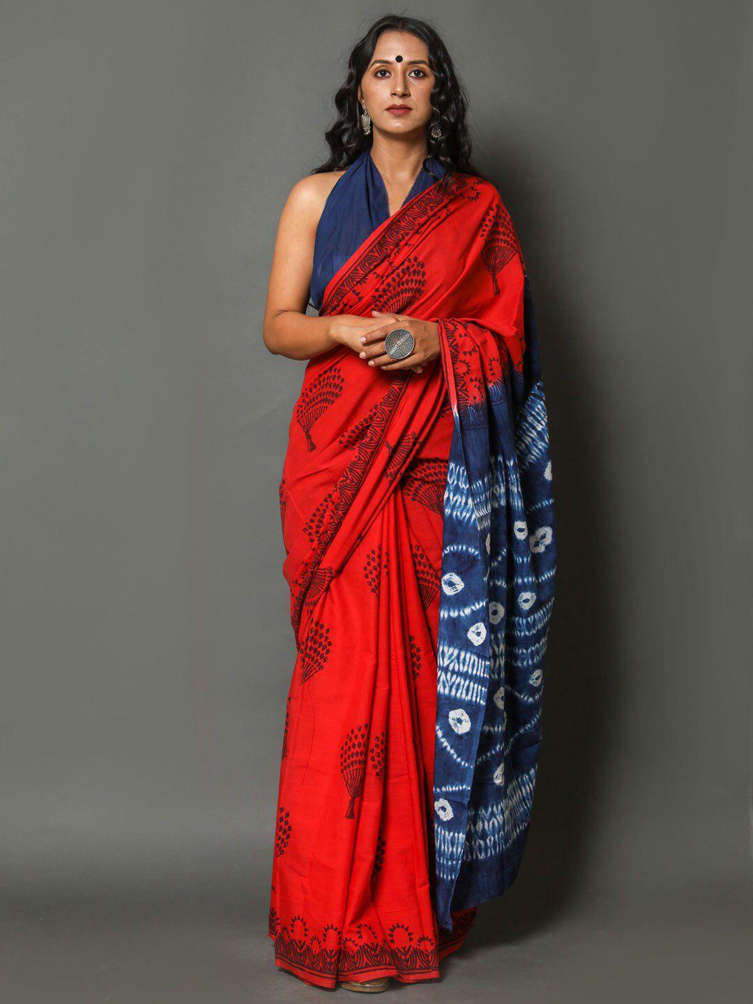 buta buti red & blue floral printed pure cotton saree