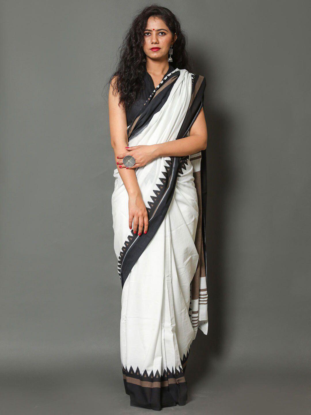 buta buti white & black border printed pure cotton saree