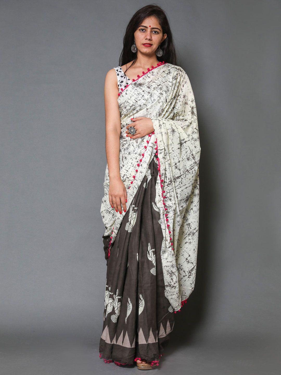 buta buti women brown & white abstract pure cotton saree