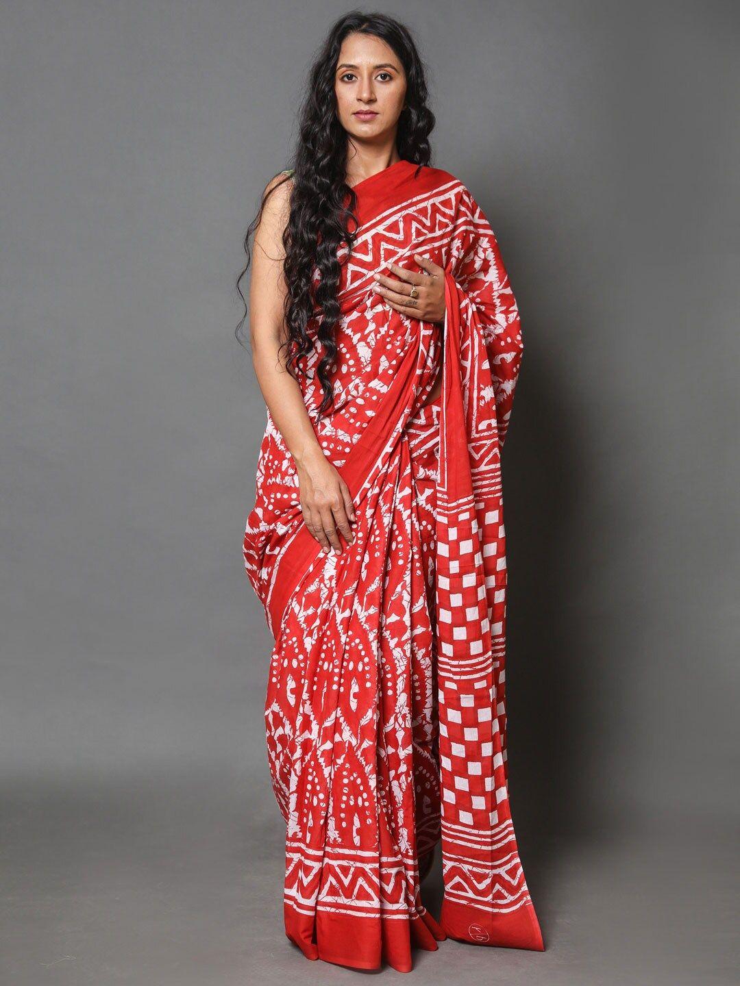 buta buti women red & white abstract pure cotton saree