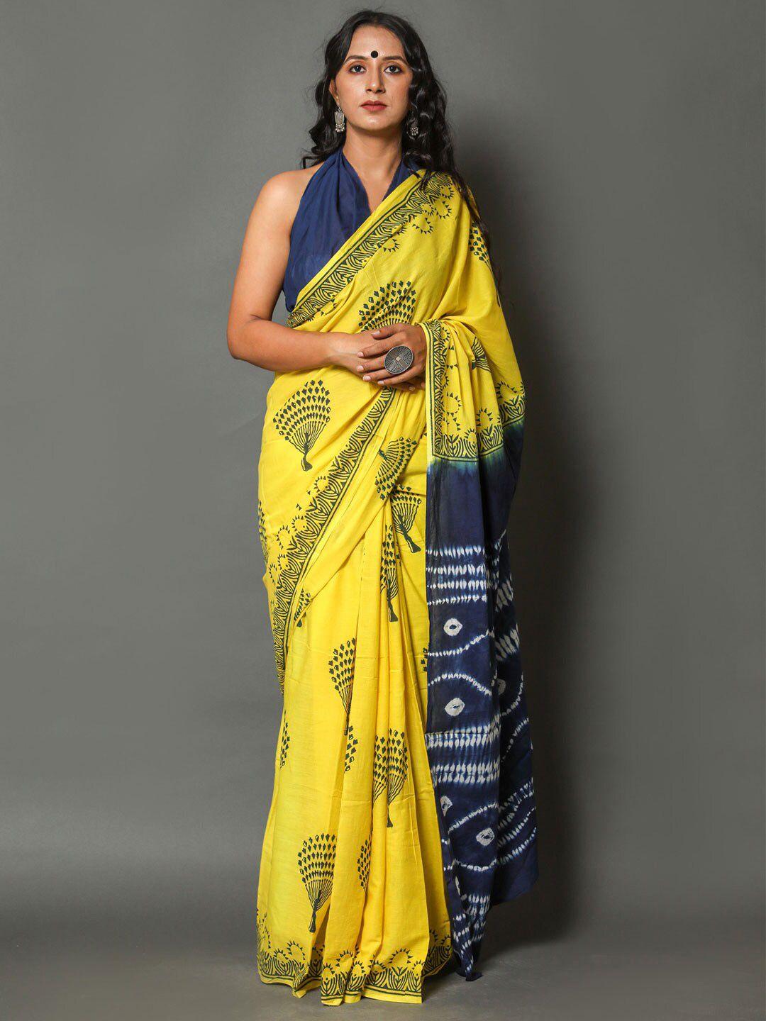 buta buti yellow & blue floral printed pure cotton saree