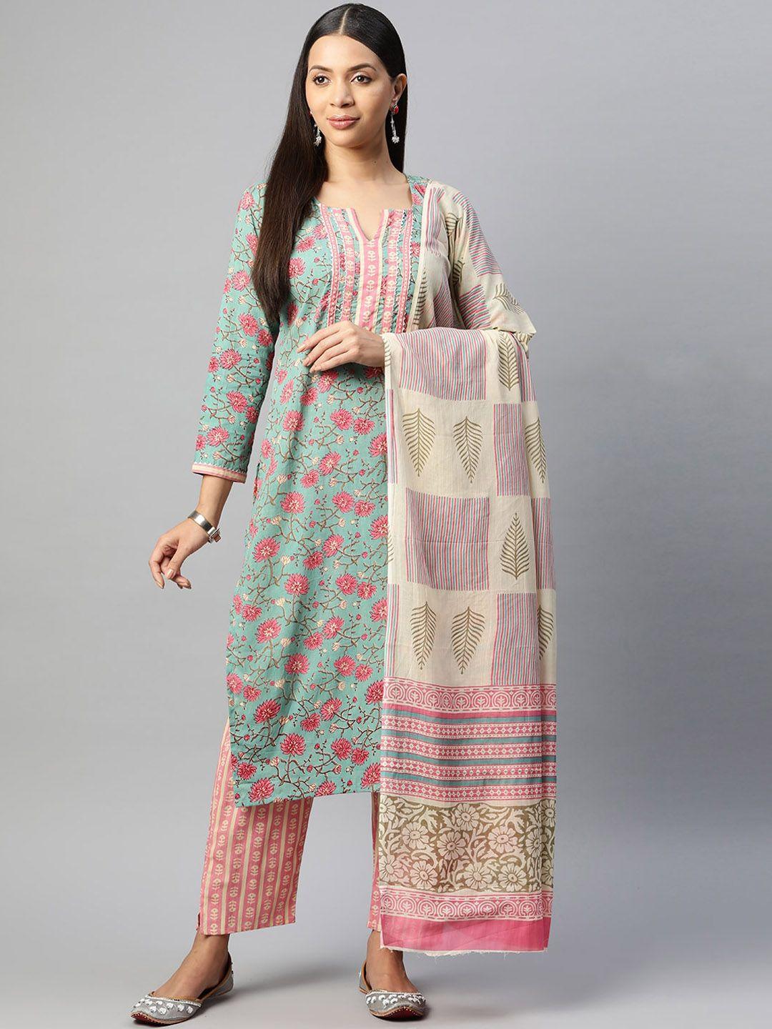 buta buti  floral printed round neck pure cotton kurta with trousers & dupatta