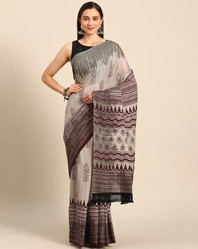 buta buti beige colour brush effect abstract printed cotton saree and lace printed saree