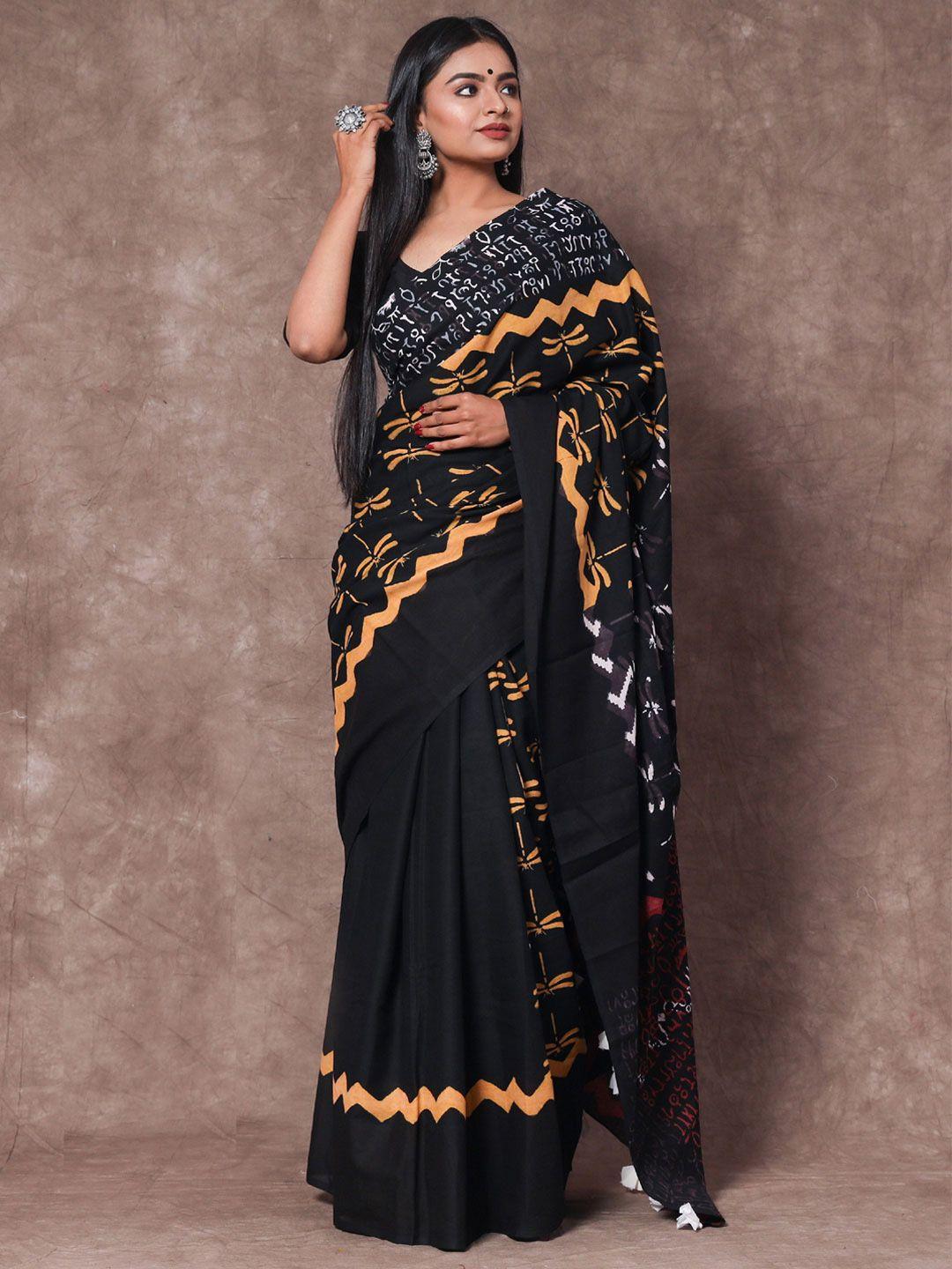 buta buti black & orange floral pure cotton saree