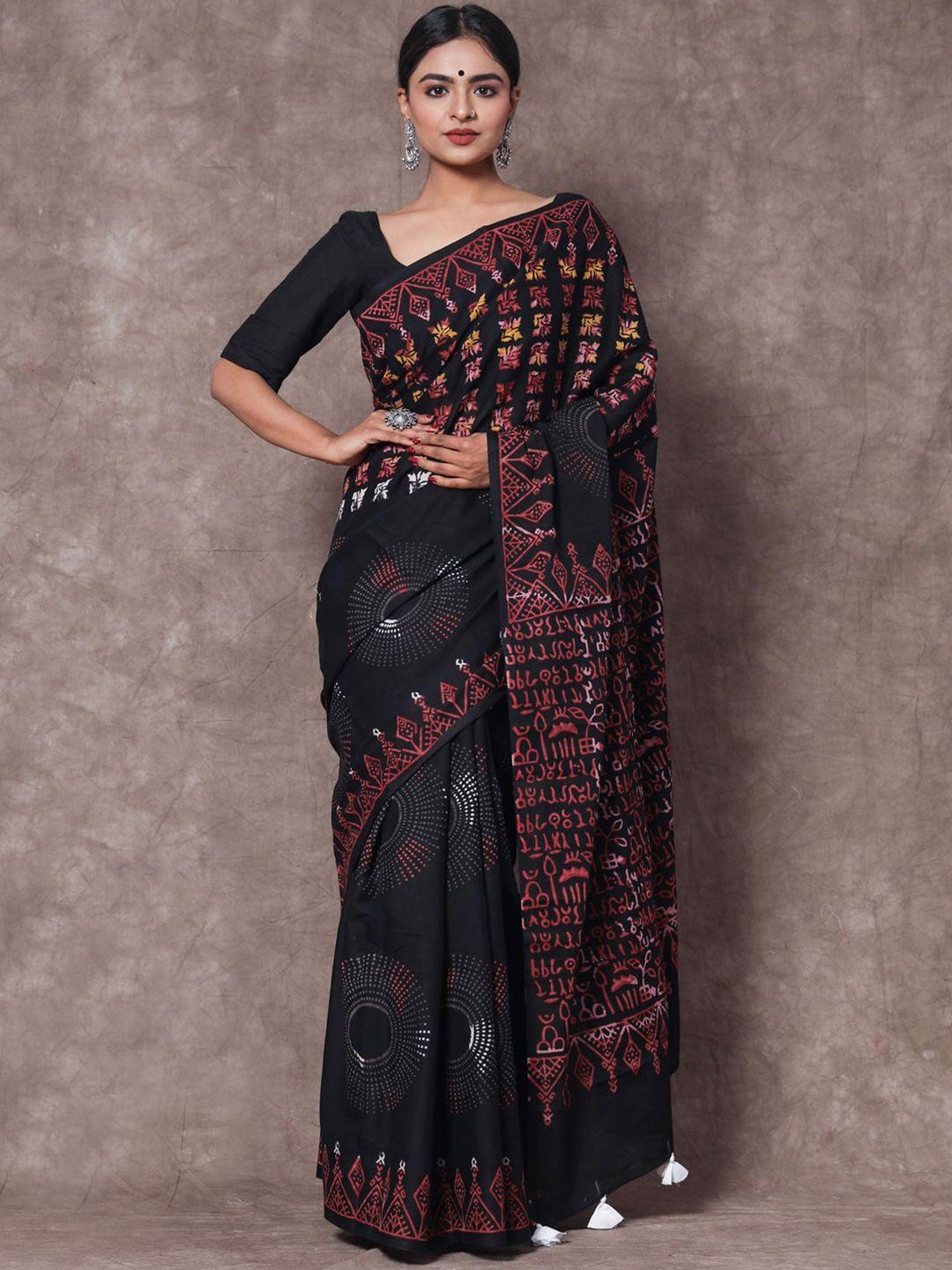 buta buti black & red ethnic motifs pure cotton saree