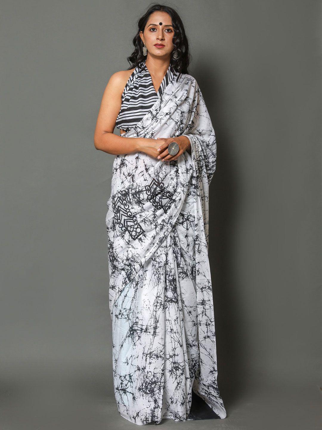 buta buti black & white abstract printed pure cotton saree