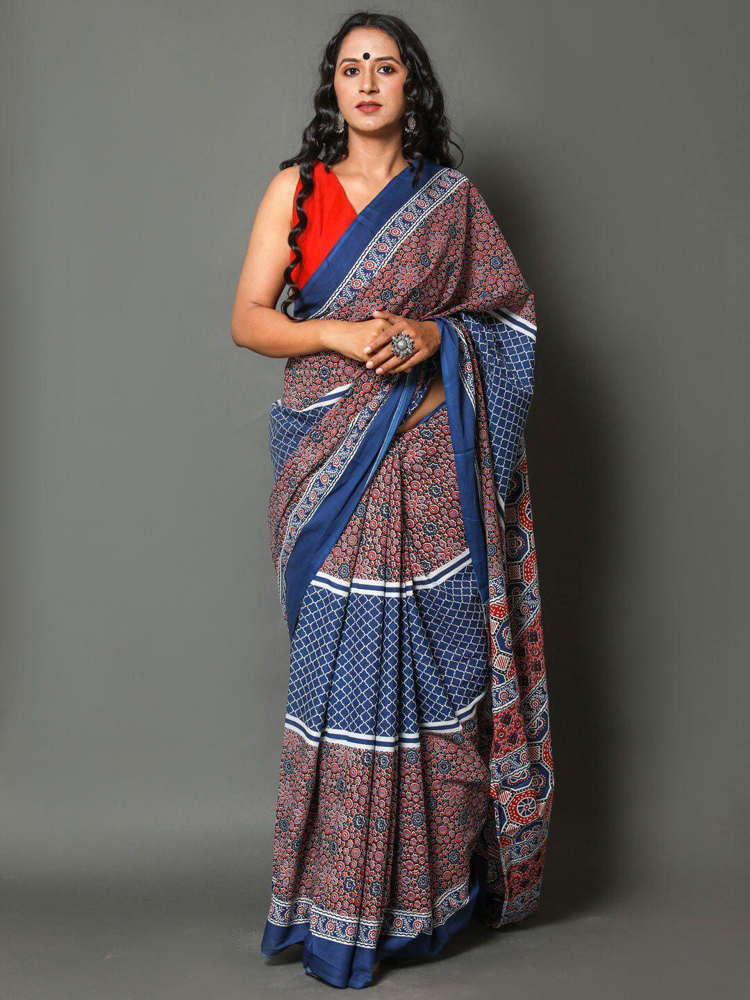 buta buti blue & red floral printed pure cotton saree