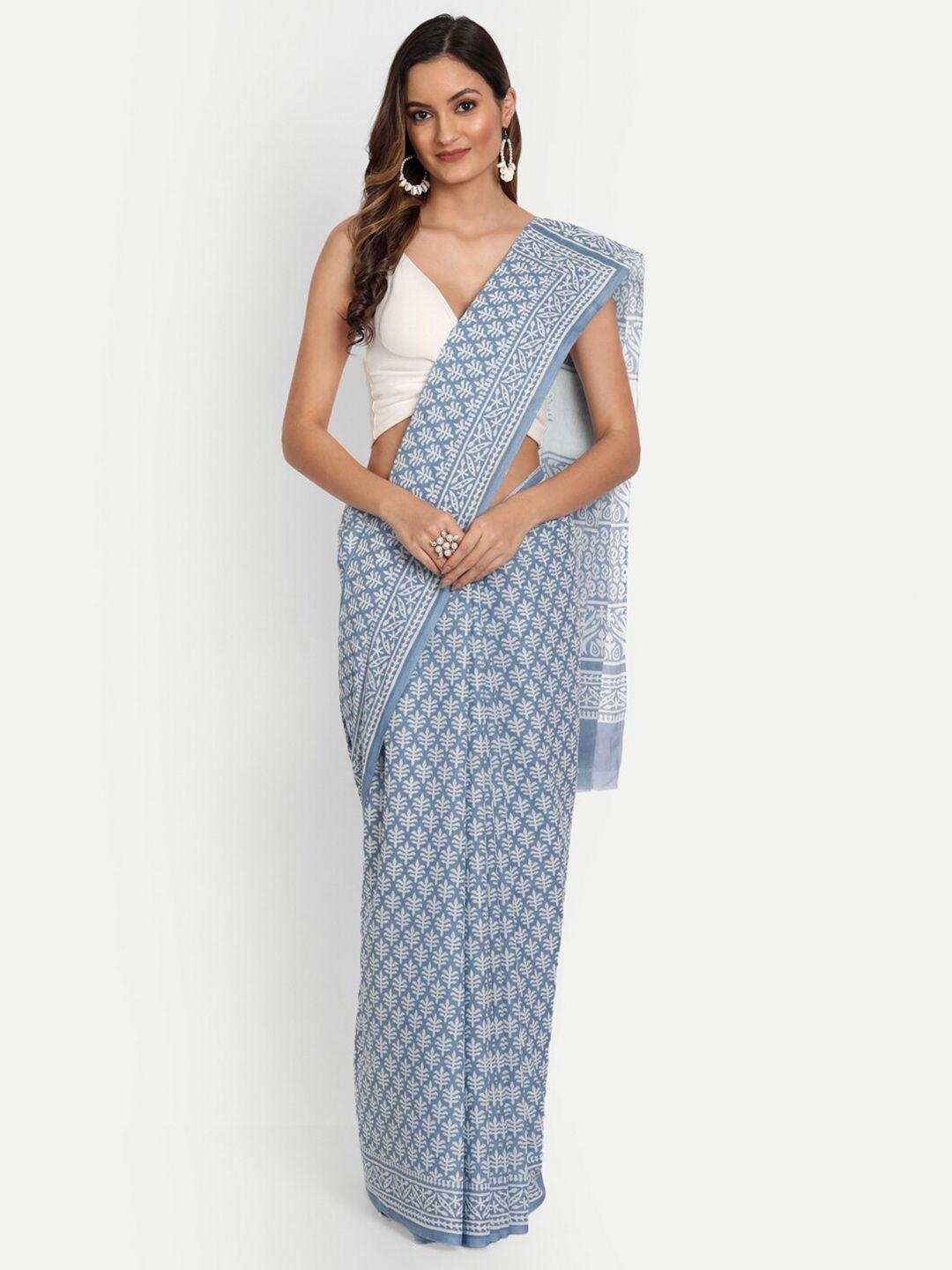 buta buti blue & white geometric print pure cotton saree