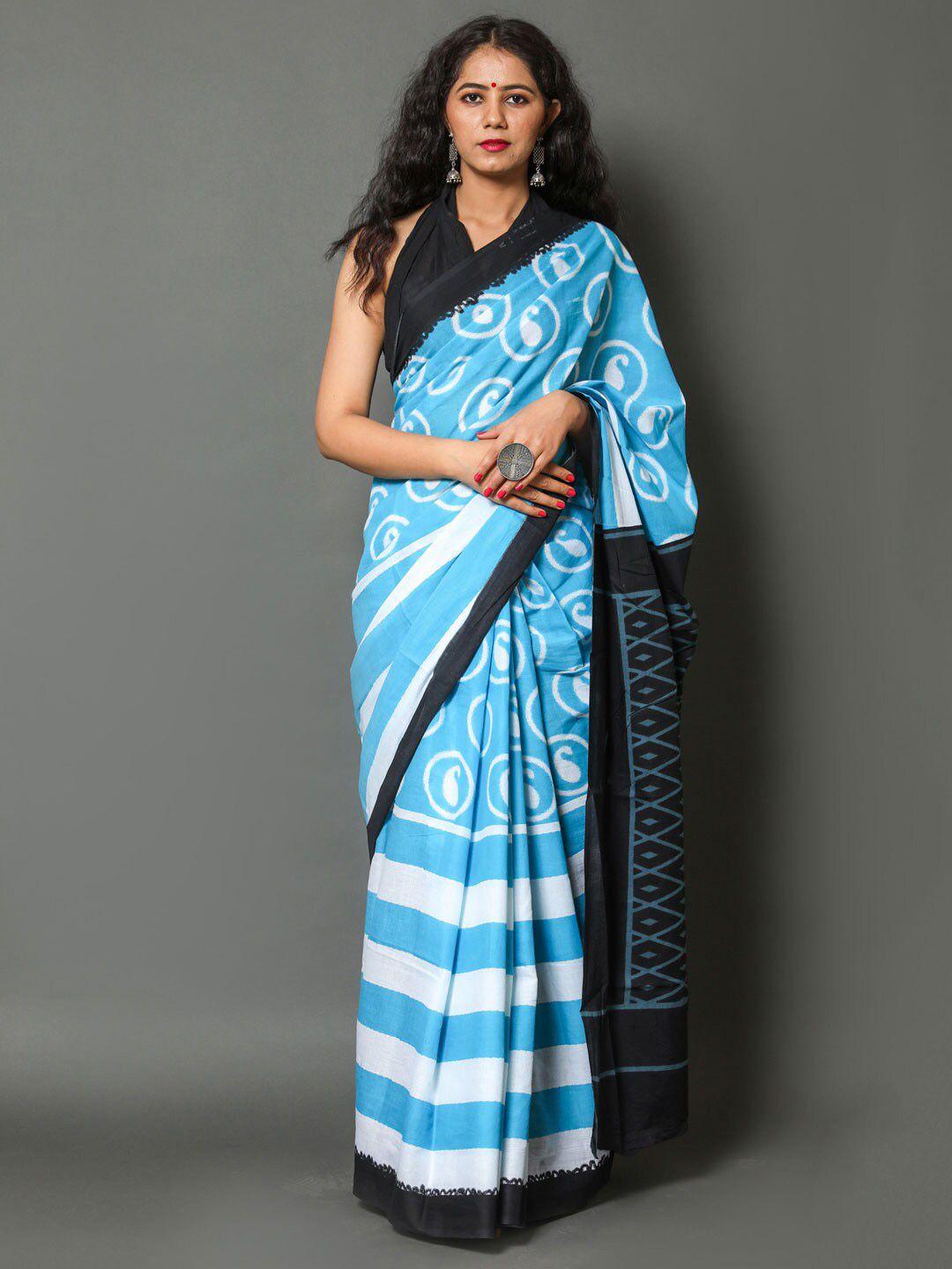 buta buti blue & white paisley printed pure cotton saree
