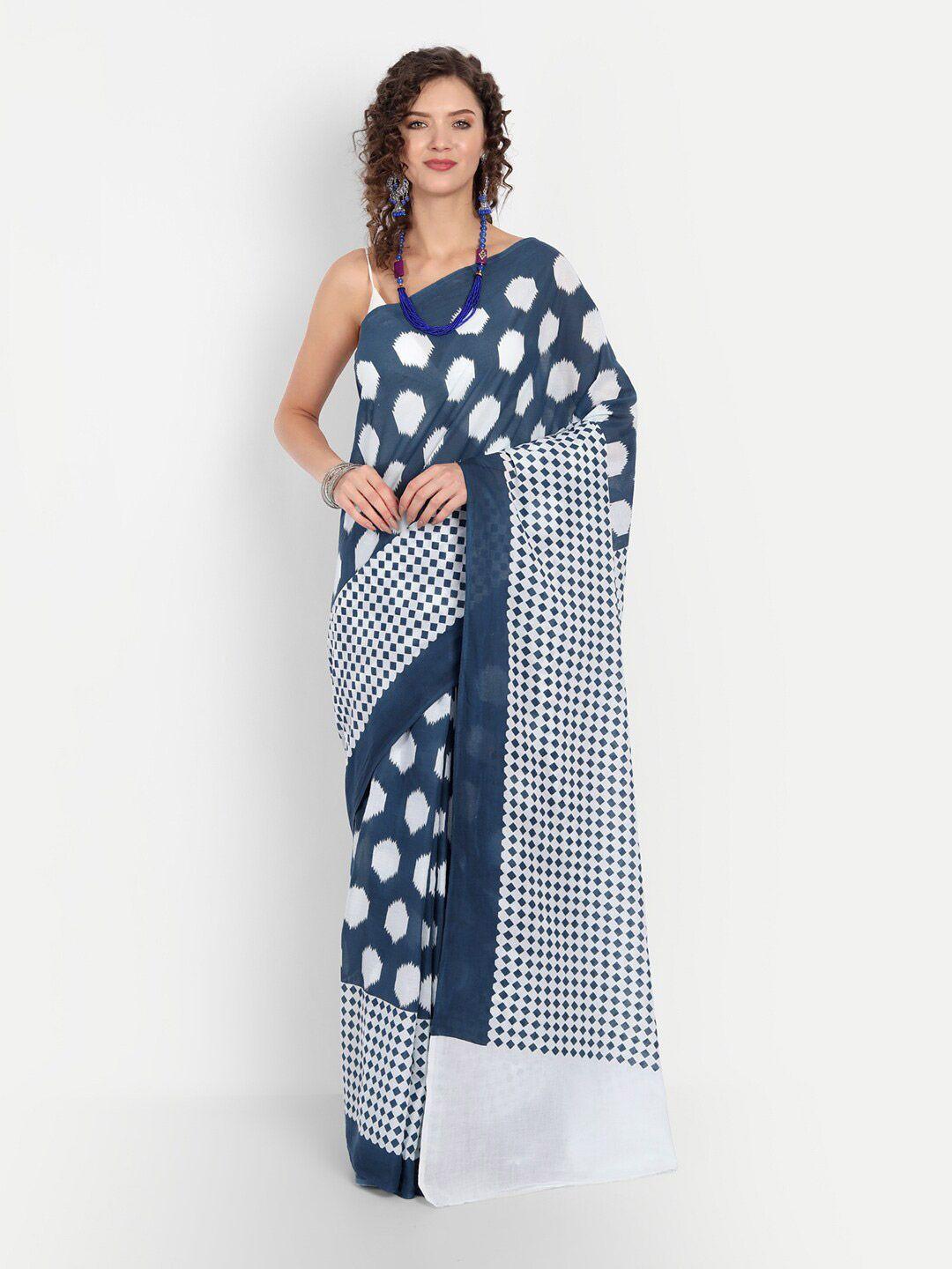 buta buti blue & white printed pure cotton saree