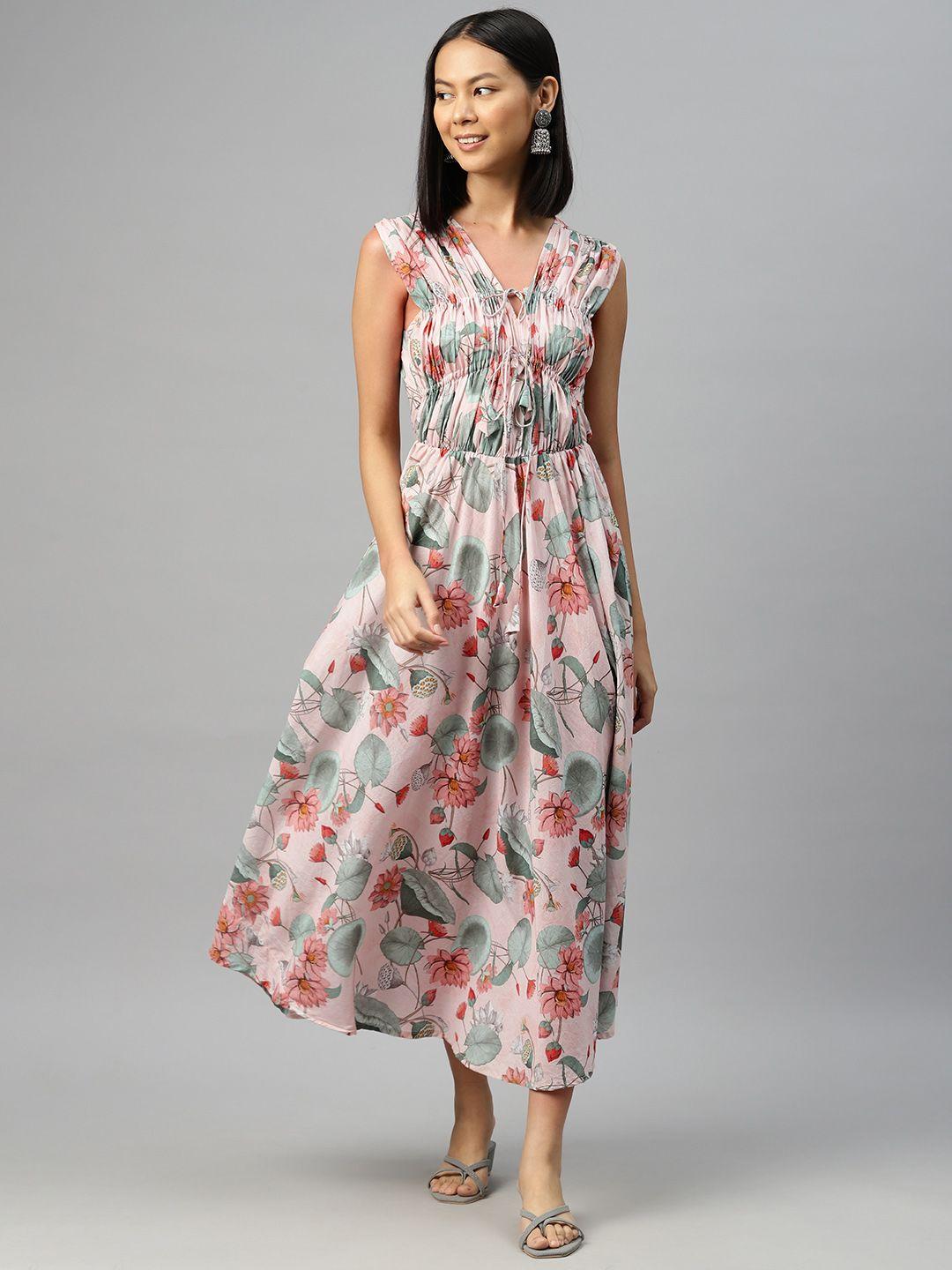 buta buti floral print blouson cotton midi dress