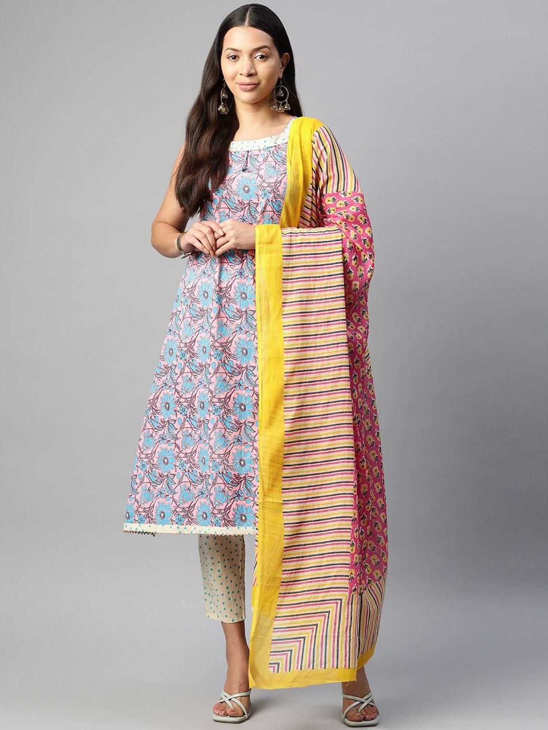 buta buti floral printed a-line pure cotton straight kurta with trousers & dupatta