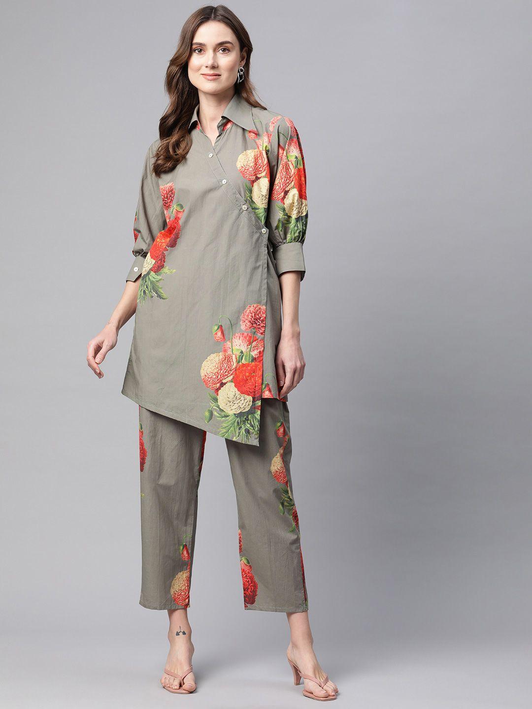 buta buti floral printed pure cotton kurti with trousers