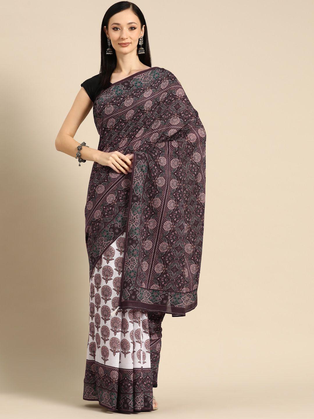buta buti floral printed pure cotton saree with unstitched blouse and lace