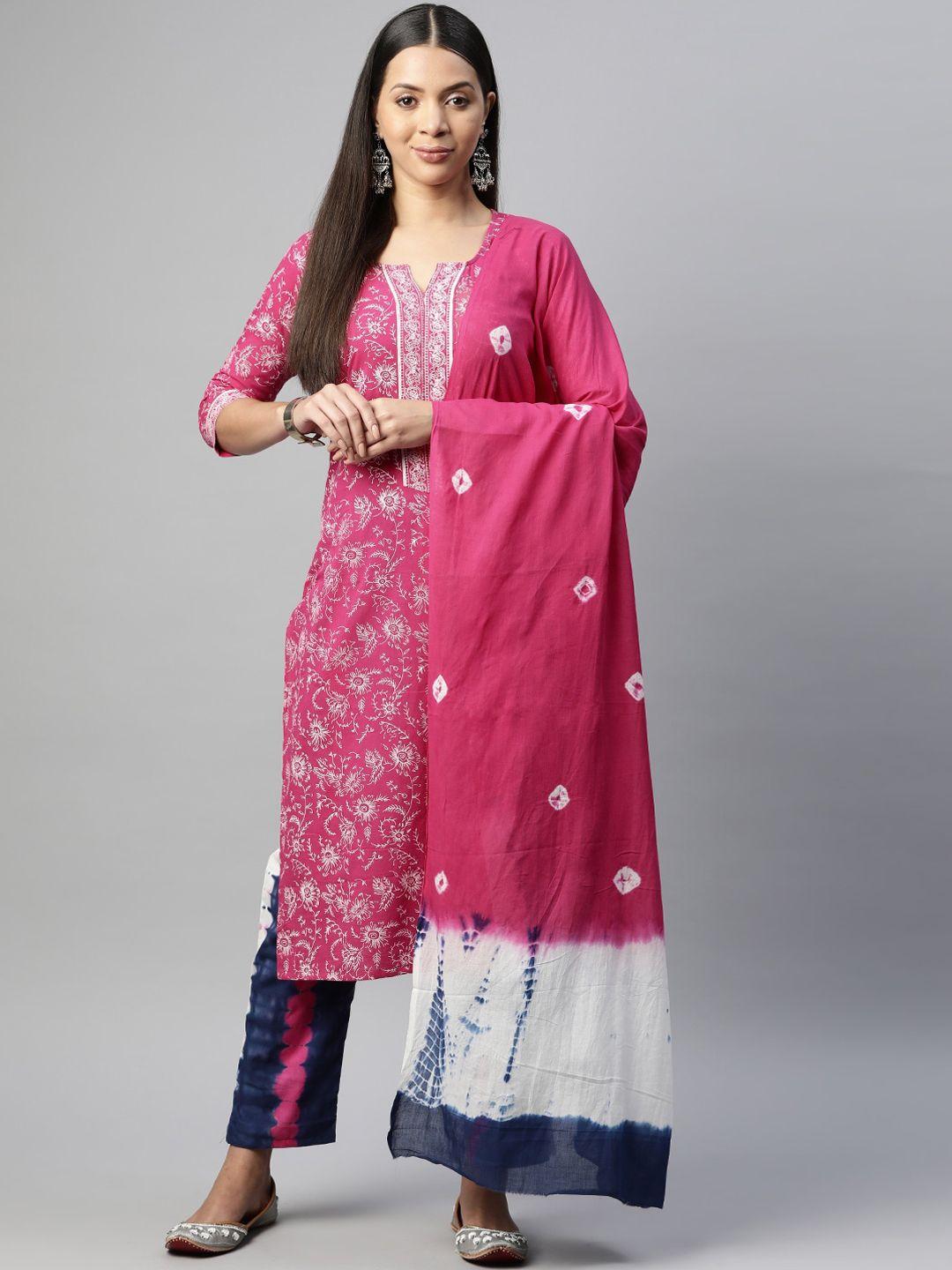 buta buti floral printed pure cotton straight kurta with trousers & dupatta