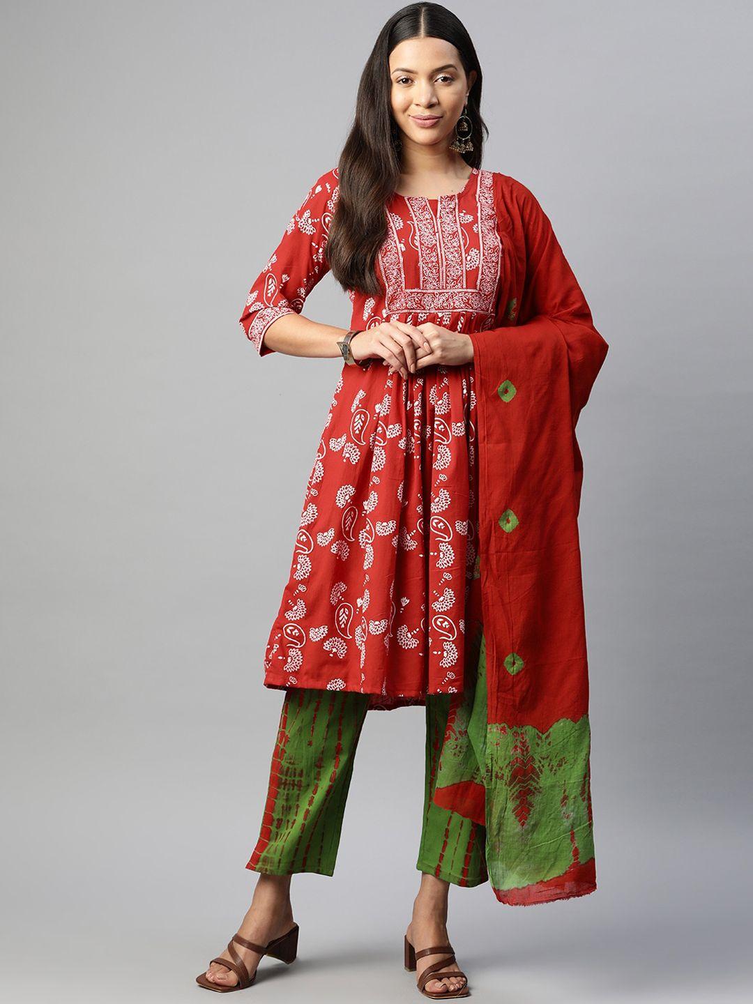 buta buti floral printed regular pure cotton a-line kurta with trousers & dupatta